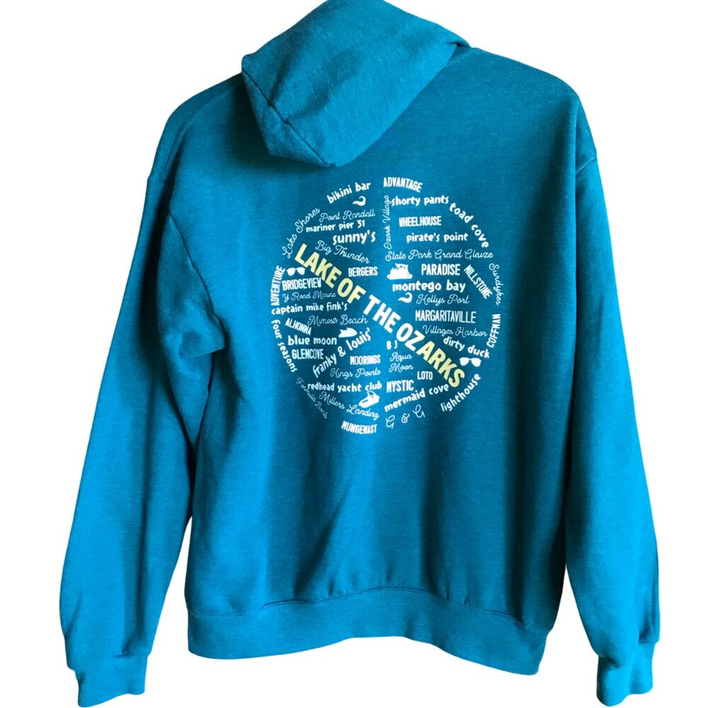 Lake of the Ozarks Hoodie Upcycled Teal Zip-Up Sweatshirt Landmarks Marinas Sz M